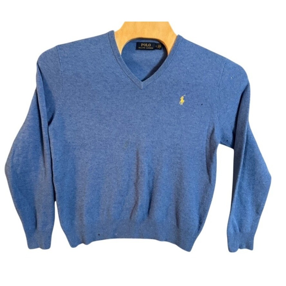 Polo Ralph Lauren Mens Blue 100% Wool V-Neck Sweater Size Large Italian Yarn